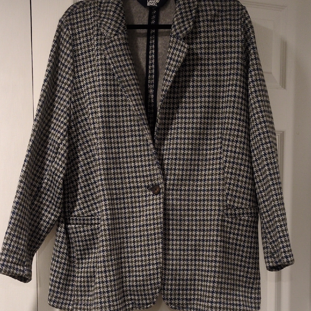 Lands' End Navy & Green  Houndstooth Blazer